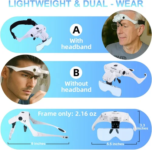 Miniatura 3 de Lupa de diadema iluminada recargable, herramienta de aumento manos libres para joyas, extensiones de pestañas, reparación de relojes, punto de cruz