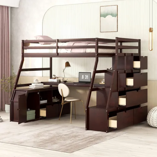 Cama tipo loft de tamaño individual con 7 cajones, 2 estantes y escritorio, versátil cama loft de madera con escaleras para niños, adolescentes y