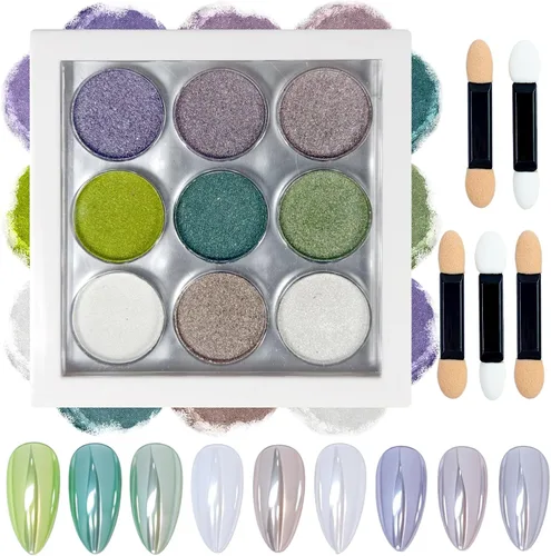 Paleta de polvos de uñas cromados de 9 colores, espejo metálico blanco, verde, morado, polvo cromado holográfico para uñas, decoración de uñas con