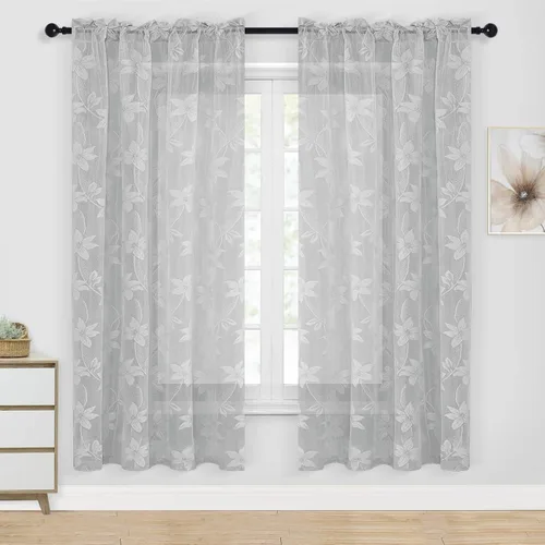 Miniatura 43 de DWCN Paquete de 2 cenefas de encaje floral para cocina, 52 x 18 pulgadas, con bolsillo para barra, cortina de gasa para ventana pequeña, cocina