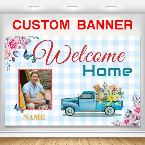 Miniatura 19 de Pancarta personalizada de bienvenida a casa, señal de bienvenida a casa en negro y oro para decoración exterior, suministros de fiesta de regreso