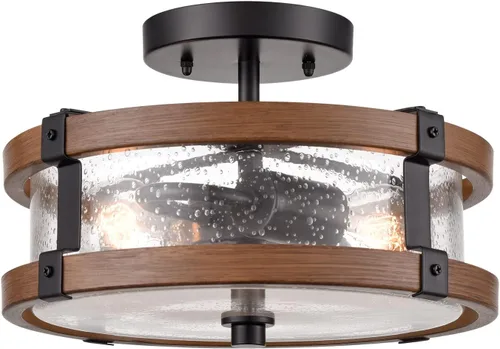 Miniatura 9 de DEYNITE Lámpara de techo de granja con pantalla de vidrio semillado de 2 luces en negro y acabado de grano de madera rústica para pasillo, entrada