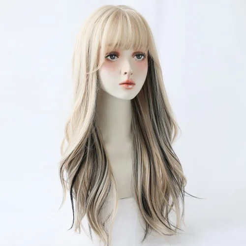 Miniatura 10 de Peluca de 22 pulgadas de largo y lacia con flequillo de cortina para mujer, cabello sintético negro, resistente al calor, para fiesta, cosplay, Té