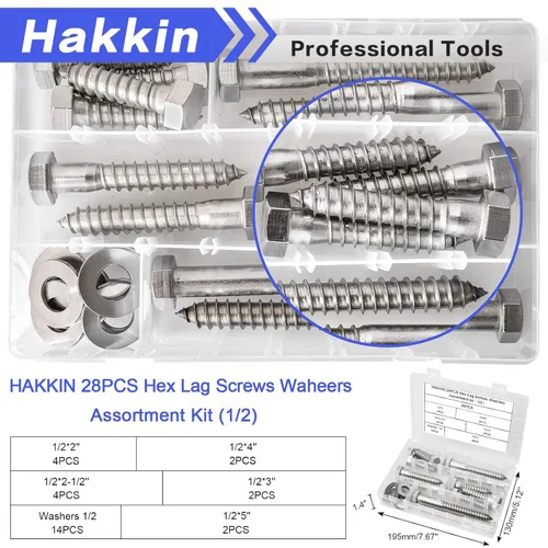 Miniatura 4 de Hakkin - Tornillos hexagonales de 1/2 pulgada de 2 pulgadas, 2-1/2 pulgadas, 3 pulgadas, 4 pulgadas, 5 pulgadas, kit surtido de 28 tornillos