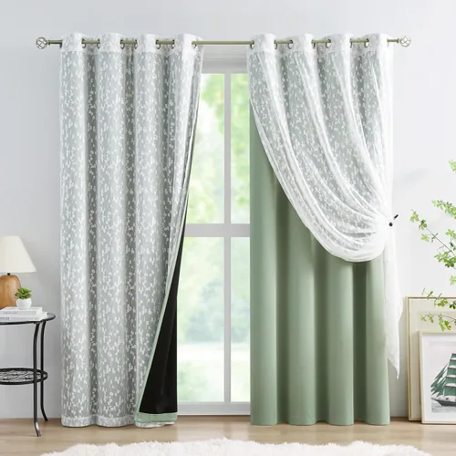 Miniatura 11 de Jubilantex Cortinas opacas completas + paneles de ventana transparentes con hojas, juego de tratamiento de ventana de doble capa estilo mezcla