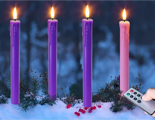 Miniatura 4 de Juego de 4 Luces de Velas LED de Navidad, Velas Cónicas que Funcionan con Batería para Corona de Adviento, 3 Moradas 1 Rosa Velas de Cera Sin Llama