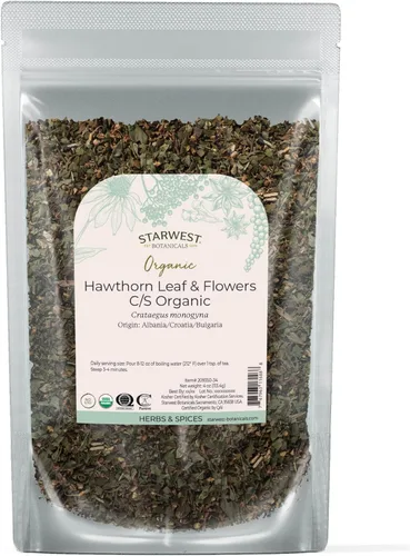 Starwest Botanicals Hojas y flores de espino orgánico – Hierba seca de hojas sueltas para té, cortadas y tamizadas, certificado Kosher, sin OMG –