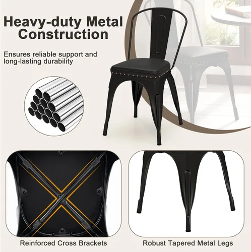 Miniatura 7 de Giantex Juego de 4 sillas de comedor de metal, sillas auxiliares apilables de cocina sin brazos con respaldo desmontable y asiento acolchado de piel