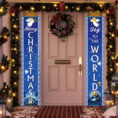 Miniatura 7 de Cartel de Navidad para puerta de Natividad con luces de alegría al mundo, pancarta azul religiosa para colgar en la puerta de la noche de Navidad