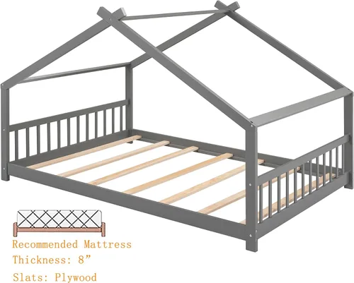 Miniatura 4 de Montessori - Marco de cama de suelo tamaño matrimonial, marco de cama de piso completo con cabecero, estribo y listones, marco de cama Montessori