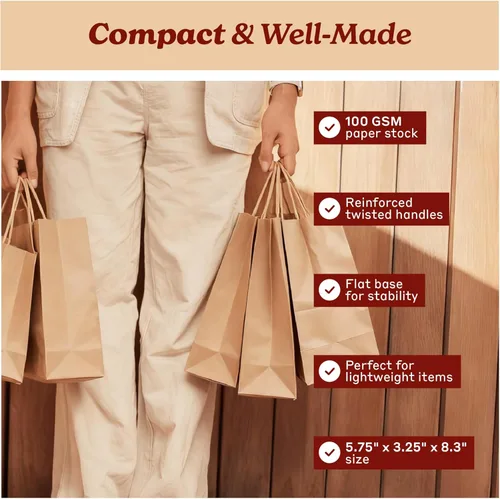 Miniatura 3 de PTP - 250 bolsas de mano para regalo, de papel, Kraft Perfectas para cumpleaños, bodas, vacaciones y toda ocasión Colores blanco o natural