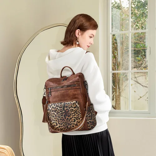 Miniatura 38 de OPAGE - Mochila de cuero para mujer, con borla de moda, bolso de hombro, mochila grande, bolsa de viaje, gris, L