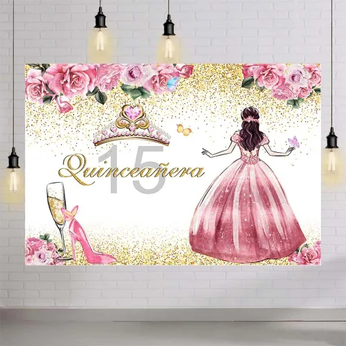 Miniatura 4 de AIBIIN Telón de fondo de quinceañera de 15 cumpleaños para niñas, fondo de fotografía rosa floral dorado con purpurina, corona de princesa, tacones