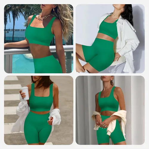 Miniatura 3 de FeelinGirl Conjuntos de entrenamiento para mujer, 2 piezas, sin costuras, brasier deportivo acanalado, pantalones cortos de cintura alta, tallas
