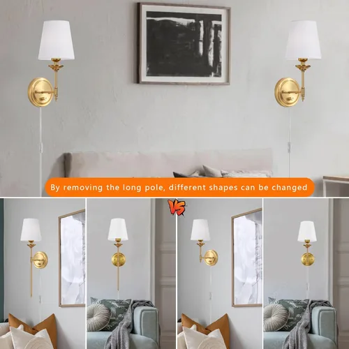 Miniatura 3 de Juego de 2 apliques de pared regulables enchufables, lámpara de pared dorada para mesita de noche con interruptor regulador de perilla y cable