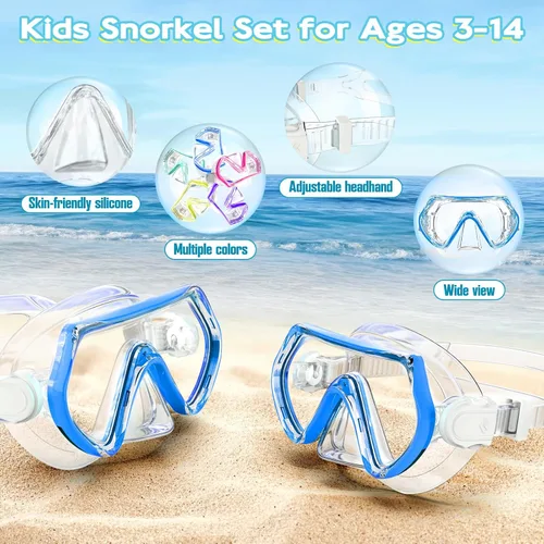 Miniatura 5 de 2 juegos de equipo de esnórquel para niños de 3 a 14 años, antivaho 180° Clear View Dry Top Snorkel Set, máscara de natación con cubierta nasal