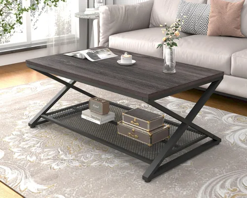 Miniatura 14 de LVB Mesa de café rústica, mesa de cóctel de té de madera y metal industrial de 2 niveles con almacenamiento para sala de estar, mesa central Marrón