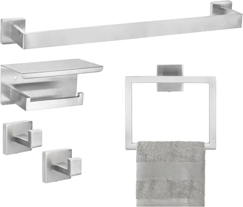 uxcell Juego de 5 piezas de accesorios de baño, juego de barra de toalla de acero inoxidable de 23.6 pulgadas, soporte para papel higiénico, 2