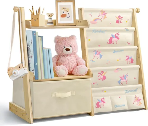 Miniatura 9 de Estantería para niños y organizador de juguetes 2 en 1, estante para libros para habitaciones de niños con cubo de juguetes móvil, estante de 4