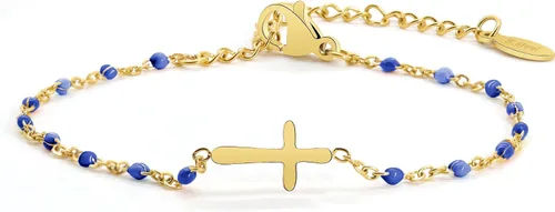 Miniatura 20 de Pulsera de Cuentas con Cruz Chapada en Oro de 14K para Mujeres, Pulsera de Acero Inoxidable Ajustable con Cruz de Fe Religiosa, Pulsera de Cadena