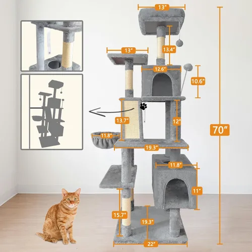 Miniatura 2 de Torre de árbol para gatos de 70 pulgadas para gatos de interior, condominio de torre para gatos de varios niveles con poste rascador de sisal