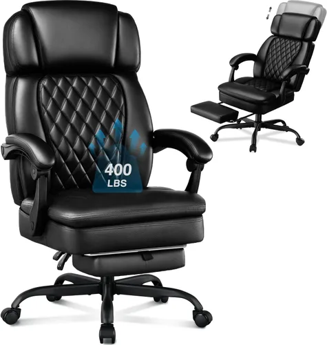 Silla de oficina ejecutiva de 400 libras con reposapiés para personas pesadas, silla de escritorio ergonómica grande y alta con reposacabezas Negro