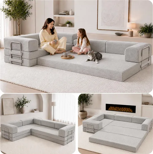 Miniatura 12 de TUFT & FINCH Sofá comprimido en forma de L de alta calidad, cama y asientos de 3 plazas, sofás seccionales convertibles para sala de estar, oficina