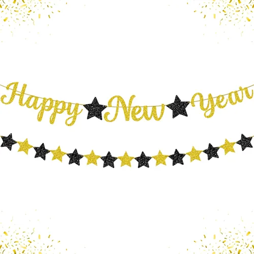 KatchOn, Cartel de Feliz Año Nuevo pre-encordado – 10 pies, NO DIY, decoraciones doradas de la víspera de feliz | Cartel de decoración de fiesta de