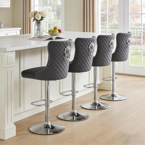 Miniatura 26 de Taburetes de bar negros juego de 2 sillas de cocina giratorias de terciopelo con respaldo alto acolchado, taburetes dorados modernos tapizados