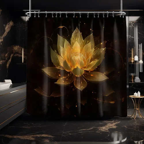Miniatura 37 de Cortina de ducha con flores de loto negro y azul para decoración de baño, juego de cortinas decorativas de baño con estampado floral, tela