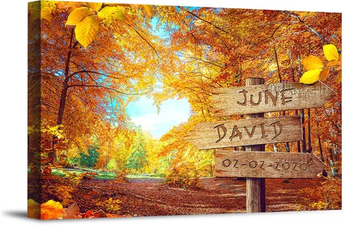 Miniatura 24 de Bosque Otoñal Foto o Impresiones en Lienzo Personalizadas Únicas con Nombres de la Pareja y Fecha Especial en Letrero, Regalo Perfecto