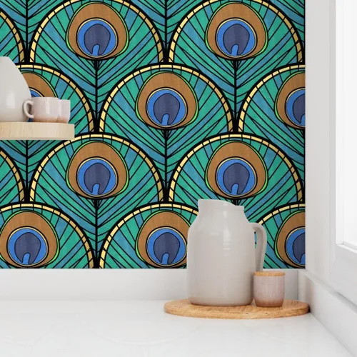 Miniatura 8 de Spoonflower Despegar y pegar papel pintado Swatch – Patrón de abanico Art Deco de pavo real pluma azul verde 1920 inspirado vintage dorado estampado