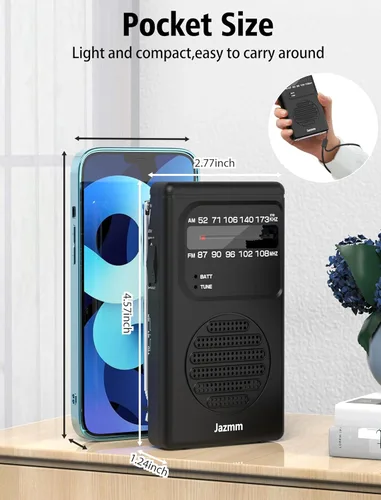 Miniatura 7 de Radio portátil AM FM, radio a batería con altavoz grande de 3 W, radios de transistor con la mejor recepción, bolsillo con clip trasero, linterna