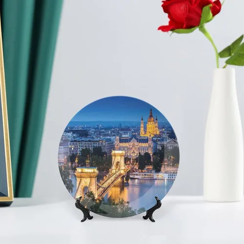 Miniatura 6 de XISUNYA Plato decorativo de 6 pulgadas, placa de porcelana con paisaje urbano, puente histórico antiguo en Budapest, impresión tradicional europea