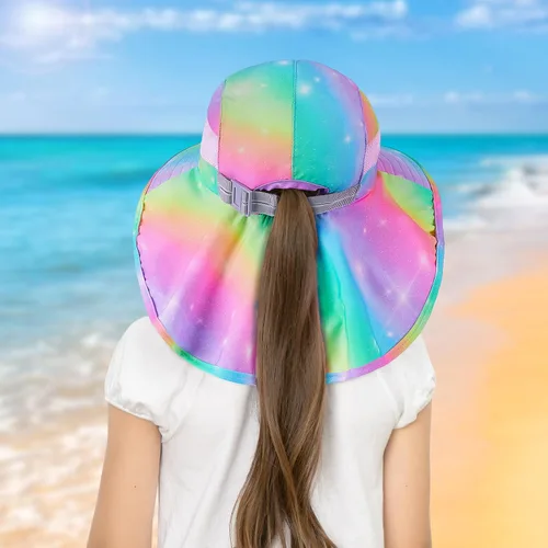 Miniatura 6 de Sombrero de sol para niños, protección UV, unicornio, verano, playa, jugar con ala ancha, solapa para el cuello para niñas y niños