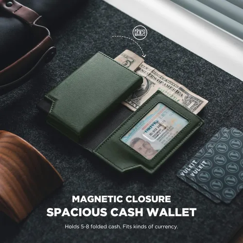 Miniatura 3 de VULKIT Cartera minimalista para hombre, tarjetero desplegable con bloqueo RFID, cierre magnético, billetera de cuero con ventana de identificación