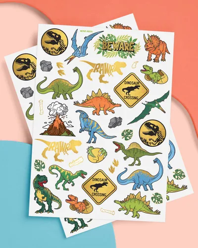 Miniatura 2 de xo, Fetti Tatuajes temporales de dinosaurios – Lámina dorada, 44 piezas Suministros para fiestas de cumpleaños jurásicas para niños, recuerdo