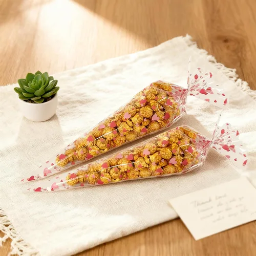 Miniatura 5 de EKAPACKAGING 50 bolsas de golosinas con forma de cono de 7 x 15 pulgadas, bolsas de palomitas de maíz de San Valentín con lazos para dulces y arroz
