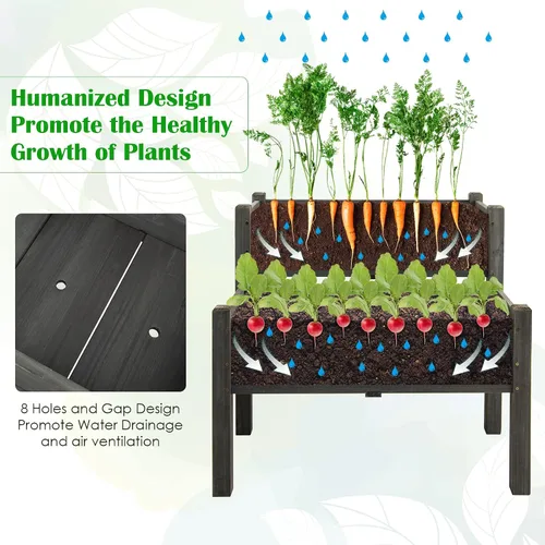 Miniatura 4 de RELAX4LIFE Cama de jardín elevada de 2 niveles, maceta elevada de madera de abeto con patas, 8 agujeros de drenaje, capacidad de 220 para cultivar