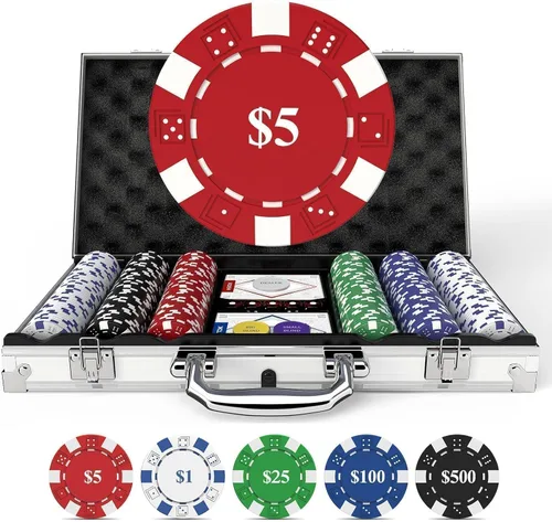 HEITOK Juego de fichas de póquer con denominaciones, 300 piezas de 11.5g con números, fichas de casino con 2 barajas, 5 dados y estuche compacto de