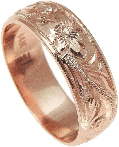 Miniatura 2 de Anillo de oro rosa de 14 quilates grabado a mano de plumeria hawaiana con borde liso 0.236in