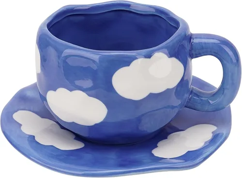 Juego de taza de café y platillo de cerámica, cerámica hecha a mano de 10 onzas con patrón de nube blanca, pequeña taza de regalo para expreso, Azul