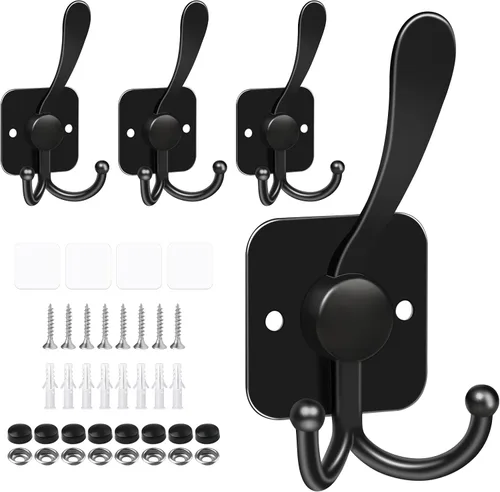 VIS'V Ganchos para colgar abrigos de pared, ganchos de metal autoadhesivos de 3 puntas para puerta de entrada, 2 opciones de montaje, negro, 4