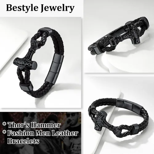 Miniatura 3 de Bestyle Pulseras vikingas trenzadas de cuero genuino para hombres y niños, estilo vintage, martillo de Thor, calavera, masón masónico, pulseras