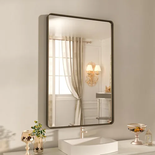 WEER - Espejo de baño de 22x30 pulgadas en bronce para tocador, espejo rectangular redondeado con marco de metal cepillado en bronce con vidrio