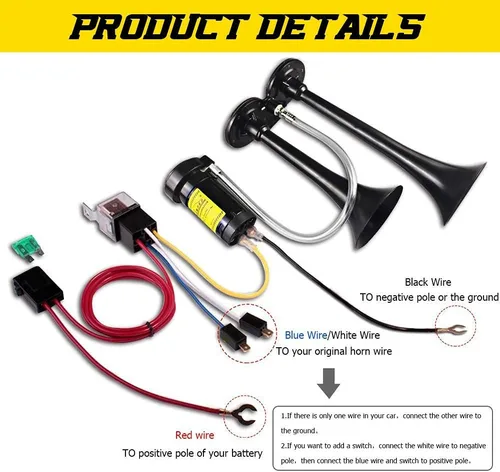 Miniatura 4 de GAMPRO Bocina de aire de 150db 12V, trompeta doble de zinc cromado con compresor para cualquier vehículo de 12 V (negro)