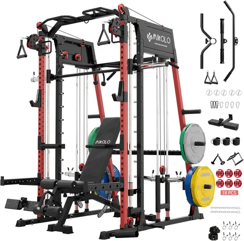 Miniatura 23 de Máquina de Smith Mikolo, banco de sentadillas de 2200lbs con sistema de tracción LAT y máquina de cruce de cables, equipo de entrenamiento con Rojo