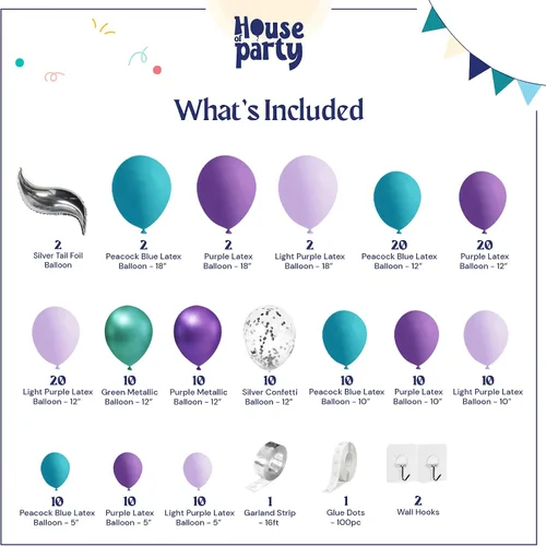 Miniatura 2 de HOUSE OF PARTY Decoraciones de globos de sirena, 165 piezas, kit de arco de globos de sirenita, morado, azul y morado claro y globos de látex