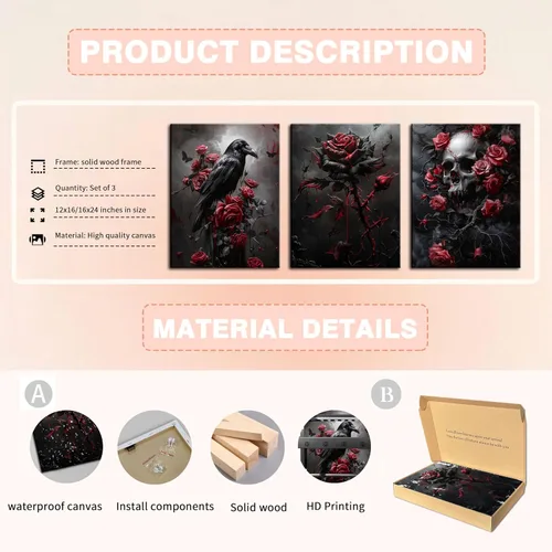 Miniatura 6 de Juego de 3 lienzos góticos para pared, diseño de rosas románticas de Halloween, decoración de pared, pósteres de calavera de cuervo gótico oscuro