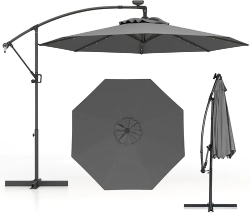 Miniatura 12 de Tangkula Sombrilla solar de patio de 10 pies, sombrilla voladiza para exteriores con rotación de 360 grados, poste de aluminio, fácil ajuste de Café